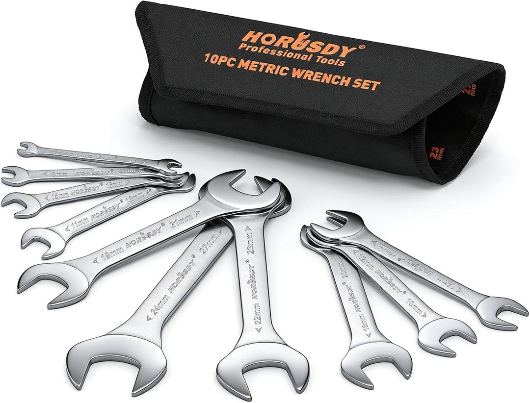 HORUSDY Thin Wrenches Set | Metric | 10-Piece | Including 5.5mm to 27mm | Bike Wrench Set | Thin Open End Wrench Set with Rolling Pouch