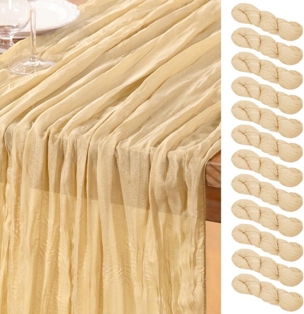 DeZerlor Champagne Gold Cheesecloth Table Runner 12 Pack Spring Easter Table Runners Boho Gauze 120 Inches Champagne Cheese Cloth Table Decor for Wedding Bridal Baby Shower Parties