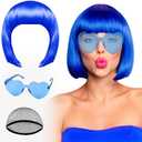 PLULON Blue Bob Wig and Sunglass Set, Neon Short Bob Wig Sunglass Pack Costume Colorful Cosplay Hairpieces for Bachelorette Neon Party Favors, Halloween Decorations