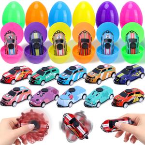 12 Pack Prefilled Easter Eggs with Toys, Cars Fidget Spinner Toys Easter Basket Egg Hunt Stuffers, Pre Filled Easter Eggs Fillers for Kids Gifts Party Favors, Goodie Bag Stuffer, Easter Prizes