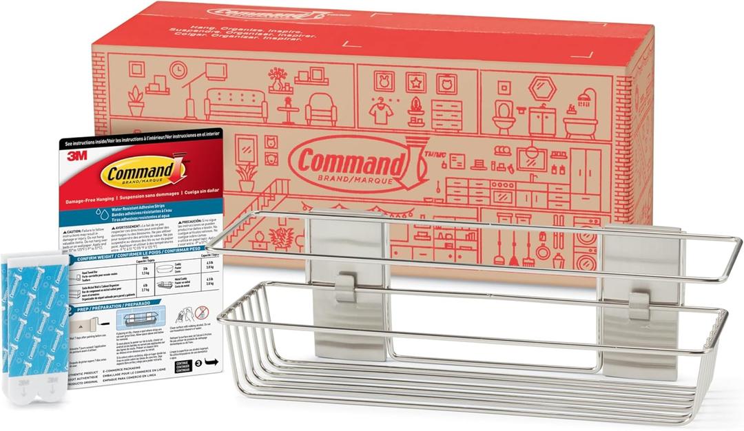 Command Shower Caddy with Water Resistant Strips, Organize Your Bathroom, Easy to Open Packaging Bathroom Decor (13"D x 6.38"W x 4.25"H, Satin Nickel)