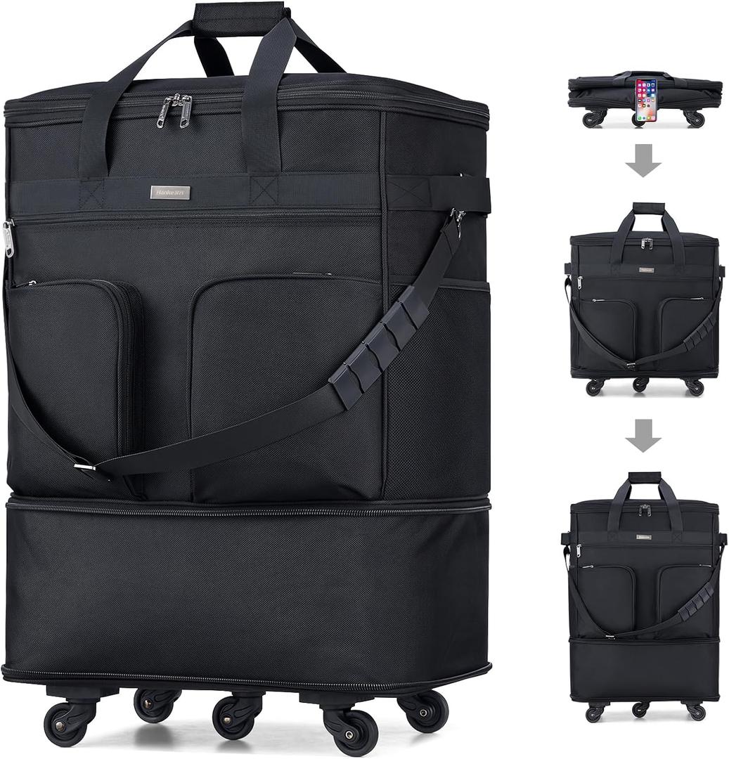 Hanke Expandable Collapsible Luggage with Wheels, Black Upgrade Version 2, 98L, Water-Resistant, 5 Spinner Wheels, 3 Pockets, Polyester, 19x13x27.2 inches, 6.1lb, Carry-On Luggage, Travel, Vacation, Expandable Foldable