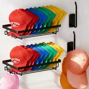 Baseball Cap Rack Wall Mount, 2 Wire Baskets with Front Hooks, Plus 2 Long Hooks, Metal Hat Organizer for 40+ Caps, Black