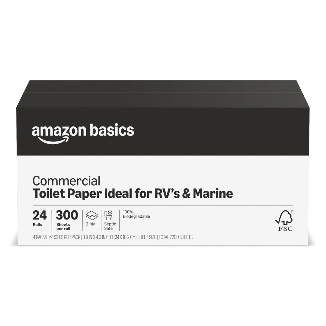 Amazon Basics FSC certified paper 2-Ply White Quick Dispensing Toilet Paper for RV's & Marine, Waste-Tank Compatible, 300 Sheets per Roll - 24 Rolls, 24 Count