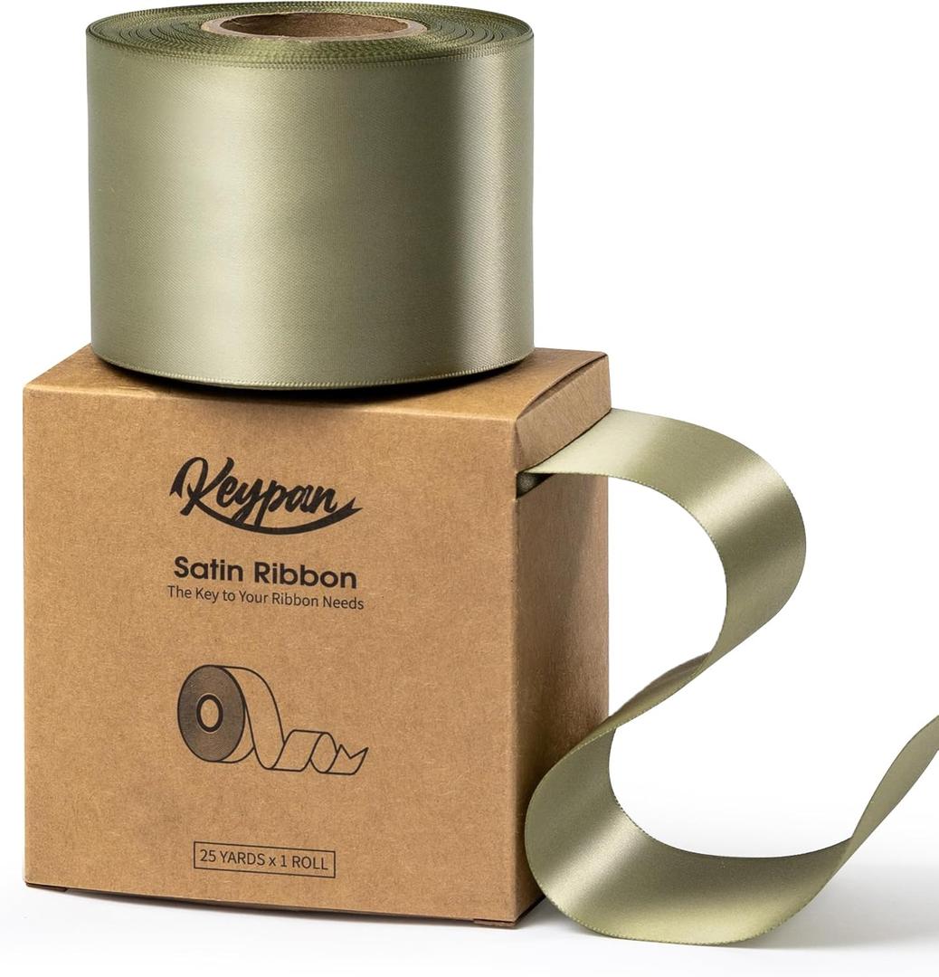 Keypan Sage Green Satin Ribbon 2.5 Inch Double-Faced Ribbons 25 Yards for Gift Wrapping Crafts Flower Bouquet Wedding Paper Bows Invitations