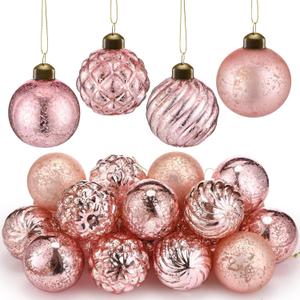 Syhood 24 Pcs 2.36 Inch Mercury Glass Christmas Ornaments Antique Vintage Glass Ball Ornaments Hanging Rustic Xmas Balls for Christmas Tree Wreaths Garland Party Wedding Decoration(Blush Pink)