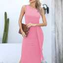 Missufe Women's Round Neck Sleeveless Tie Waist Knit Side Slit Slim Tank Midi Dress (Pink)