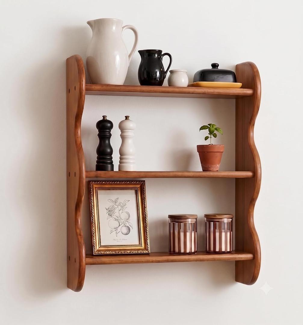 Floating Shelves For Wall - 100% Solid Wood Wall Shelf 3-Tier, Vintage Shelf Wall Mounted Storage Rack, Farmhouse Decor Hanging Shelf For Decor Kitchen, Dining Room, Living Room,Bedroom -Light Walnut, 19"L x 15.5"W x 4.8"H