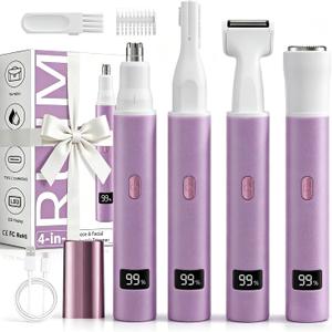 RUIM Electric Nose Hair Trimmer for Women, 4-in-1 Painless Facial Grooming Kit with Eyebrow Trimmer, Nose & Ear Trimmer, Facial Shaver - USB-C Rechargeable, Waterproof, LED Display (Purple)