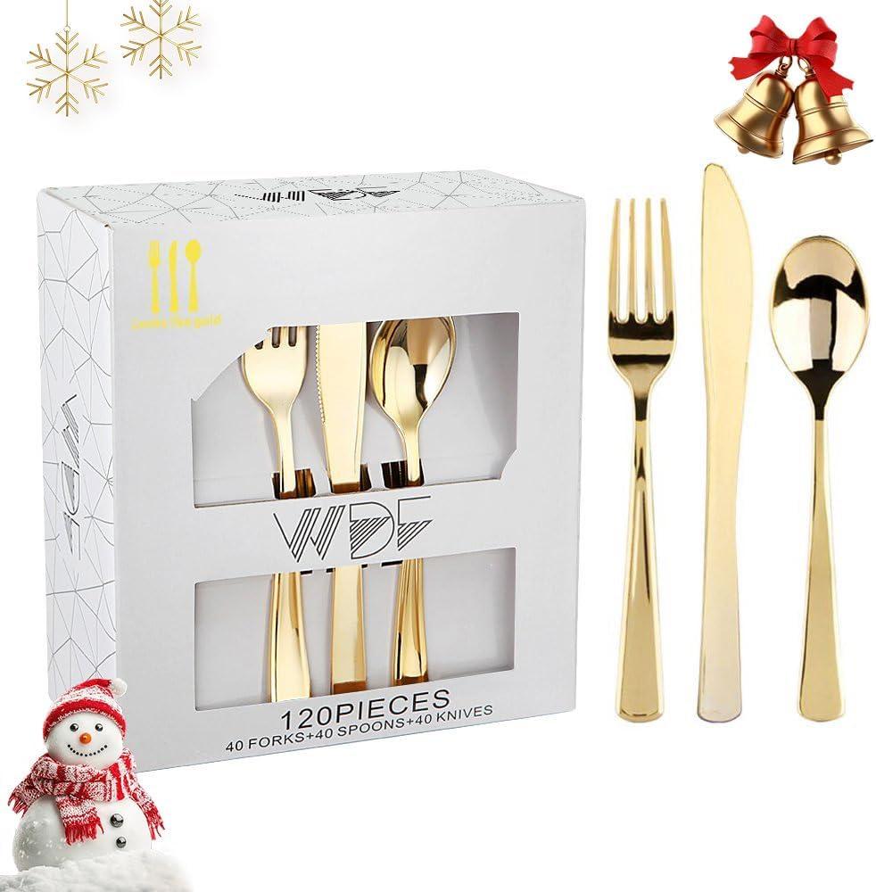 WDF 120 Pieces Gold Plastic Silverware - Disposable Flatware Set - Heavy Duty Christmas Plastic Cutlery - Silverware Includes 40 Forks, 40 Spoons, 40 Knives