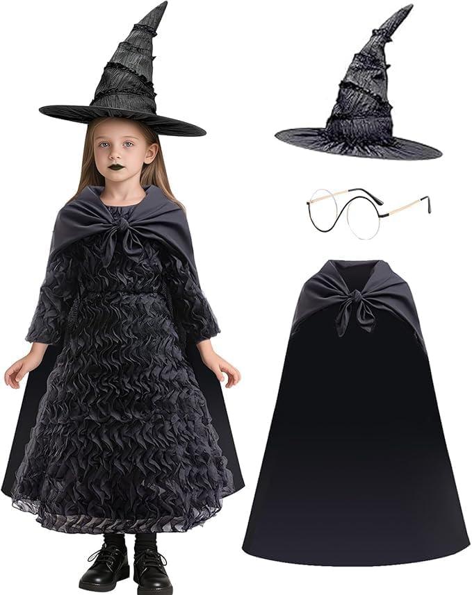 Girls Halloween Costume Dress Black Witch Costume Dresses Kids Music Movie Cosplay with Hat Eyeglasses (9-10 Years)