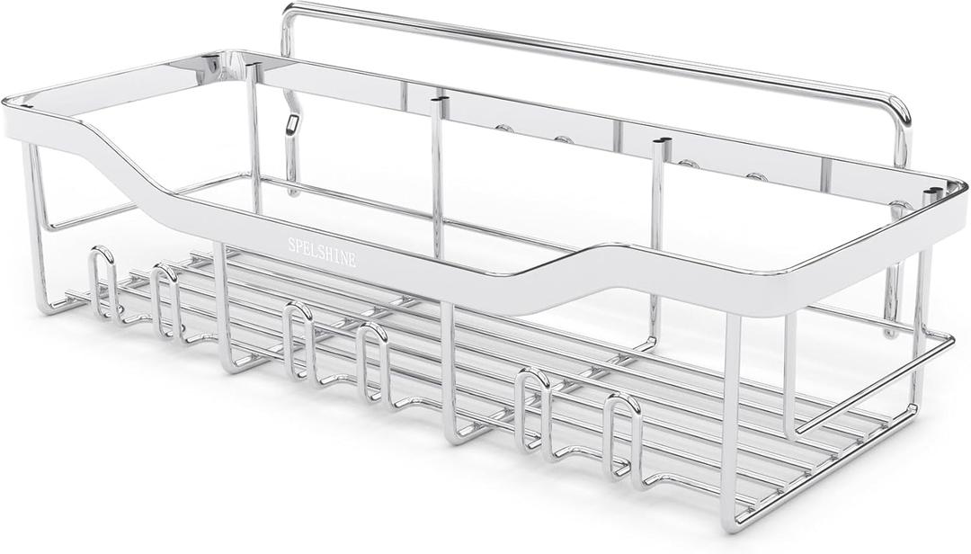 Shower Caddy with Hooks,Shower Shelf - 304 Stainless Steel Shower Rack,Anticorrosive,Rust-proof,Waterproof Bathroom Shelvs Storage and Organization - White Silver Shower Shelves (12.01'x4.33'x3.74')