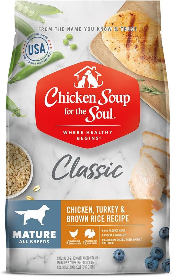 Chicken Soup for the Soul All Natural Premium Senior/Mature Dry Dog Food, Real Meat First Ingredient, No By-Products, Supports Joint Health and Mobility, Chicken, Turkey & Brown Rice, 13.5lb, 

BB 03/04/26