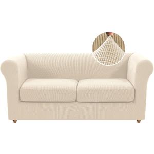 H.VERSAILTEX 3 Pieces Loveseat Slipcovers for 2 Cushion Couch Stretch Traditional Chesterfield Loveseat Cover Mid Century Deep Seat Couch Cover, Thicker Jacquard Fabric(Medium Sofa, Natural)
