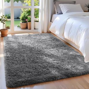 Ophanie 3x5 Rug, Bedside Preppy Dorm Area Rug, College Essentials Non Slip Grey Small Carpets for Bedroom, Anti Slip Fluffy Gray Living Room Rugs Home Decor Aesthetic, Nursery
