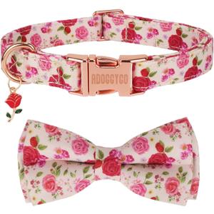 ADOGGYGO Floral Dog Collar with Bow, Red Pink Rose Flower Dog Bow Collar with Metal Buckle, Adjustable Pet Floral Collars for Small Dogs (Small)