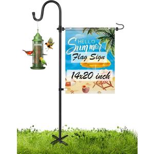 Garden Flag Holder Stand with Shepherd Hook for 14'' x 20'' Flags Upgraded Flagole with 2 Spring Stoppers and 1 Clip, Yard Garden Flag Holder for Flags Weather-Proof (Without Solar Lights & Flag)
