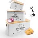 Kitchen Vegetable Storage Set of 3, Metal Onion Garlic Potato Storage Set, Kitchen Canisters Vegetable Keeper Containers with Aerating Holes and Wooden Lid (White)