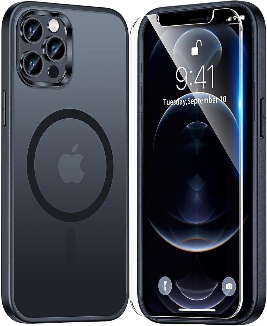 TAURI for iPhone 12 Pro Max Case, Compatible with Magsafe, [Military-Grade Protection] with 2X Screen Protectors, Slim Matte Case for iPhone 12 Pro Max, Frosted Black, 6.7"