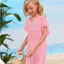SOLY HUX Girl's V Neck Crochet Short Sleeve Beach Dress Summer Swimsuit Bikini Cover Up (Pink)