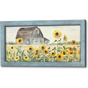 ArtSquare Rustic Summer Sunflowers Cabin Wood Framed Wall Art 40x20 Inch