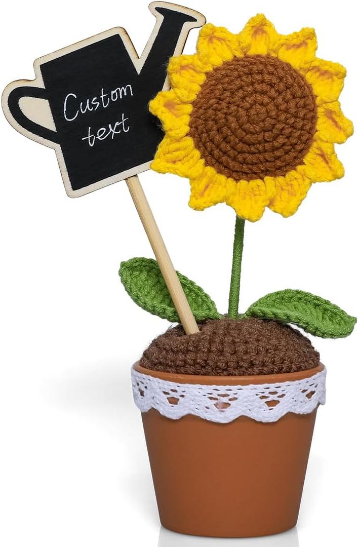 Personalized Handcrafted Crochet Sunflower Potted Plant with Customizable Chalkboard Inspirational Sunflower Gift for Anyone, 2 Pack