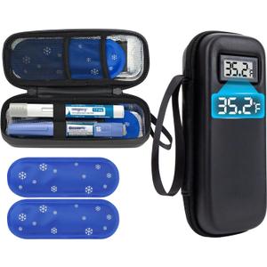 Insulin & GLP-1 Travel Cooler Case with Temperature Display, TSA Approved Portable Medical Cooler for Ozempic Wegovy Mounjaro Zepbound Pens, Diabetic Medicine Cooler Bag with 2 Ice Packs