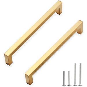 Redunest Cabinet Pulls Gold Cabinet Handles Square Drawer Pulls, 2 Pack 7-1/2 Inch Stainless Steel Kitchen Door Cupboard Cabinet Handles, Drawer Hardware Handles, 192mm Hole Centers