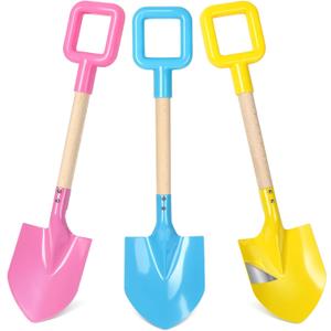 Dsmile 3Pcs Long Beach Shovels 16" Metal Kids Beach Spades Sand Shovels Toys with Wood Handle for Digging Shoveling Snow Sandbox Toys Set for Kids & Adults