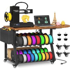 Anrigeail 3D Printer Stand with Foldable Desktop & Fabric Drawer – Compact Rolling 3-Tier 3D Printer Table with Power Outlet & X-Bracket Stability for Small Spaces, Home, Workshop,Brown, 35.4" x 29.7" x 26" H