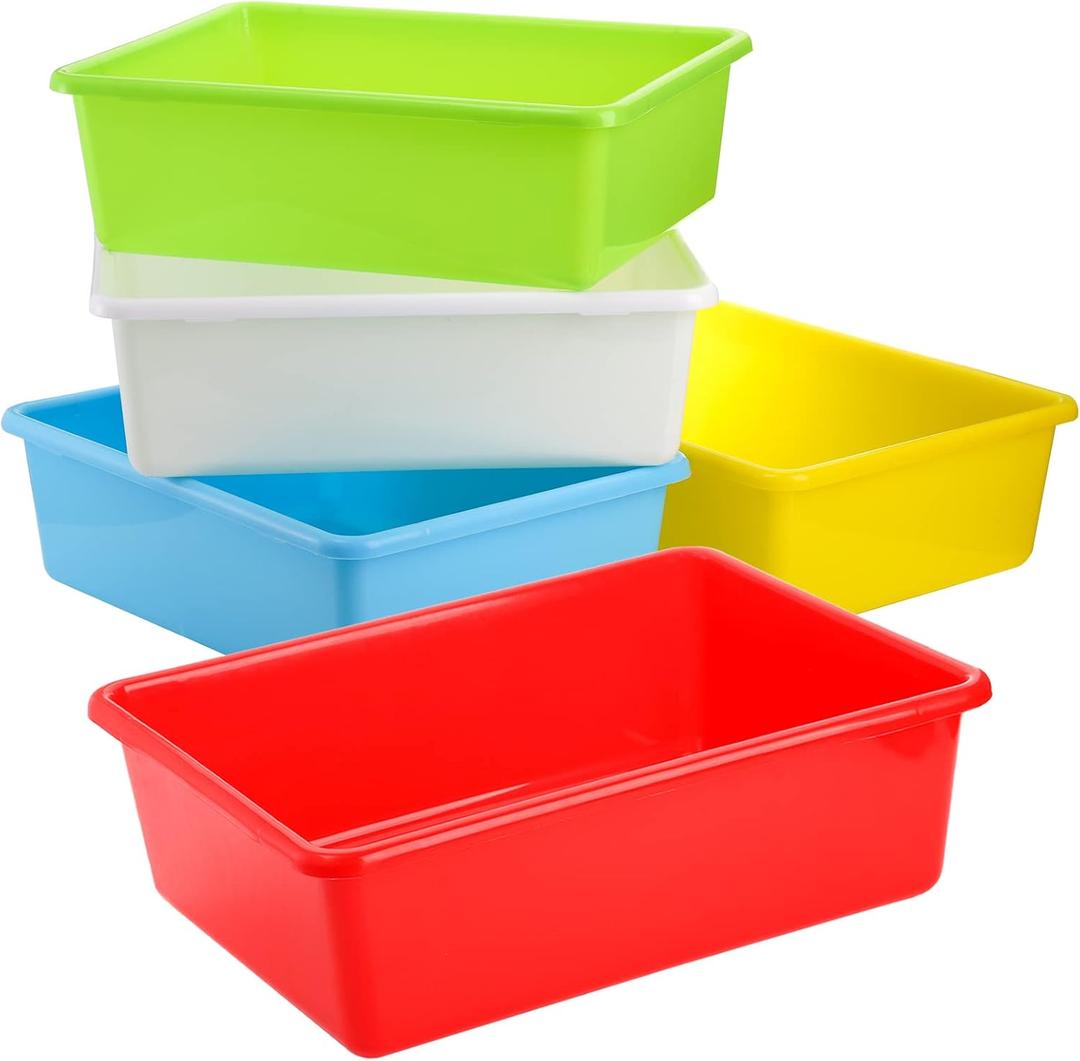 WUWEOT Pack of 5 Large Storage Bins, 15" x 11.5" Plastic Stackable Classroom Organizer, Multipurpose Toy Basket for Classroom, Nursery, Playrooms and Home Organization WUWEOT Pack of 5 Large Storage Bins, 15" x 11.5" Plastic Stackable Classroom Organizer, Multipurpose Toy Basket for Classroom, Nursery, Playrooms and Home Organization