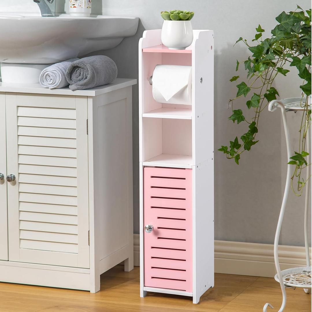 AOJEZOR Toilet Paper Holder Stand: Small Bathroom Storage Cabinet  Jelly Pink  White
