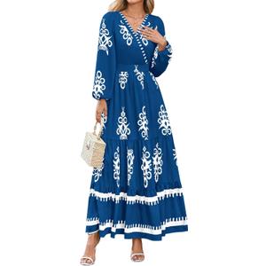 PRETTYGARDEN Women's 2026 Fall Wedding Guest Dresses Boho Floral Long Sleeve V Neck Flowy Elegant Maxi Dress Beach Clothes (Floral Lake Blue White, X-Large)