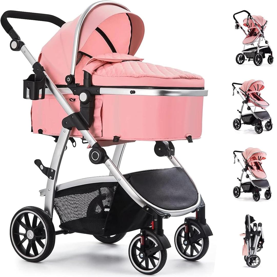 Baby Stroller, 2-in-1 Reversible Toddler Seat with Bassinet Mode, Foldable Infant Stroller with Canopy, One Button Brake, Adjustable Handle, Newborn Pushchair(Pink)