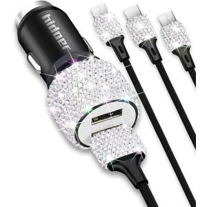 Bling USB Car Charger 5V 2.4A White Crystal Decor Dual Port Fast Adapter with 4ft Nylon Type C Micro USB 3 in 1 Multi Charging Cable for iPhone iPad Android, Auto Interior Accessories for Women