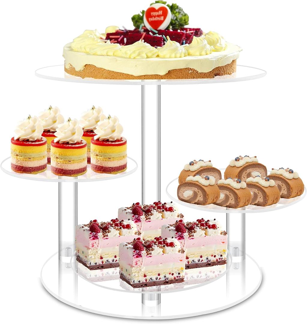 Acrylic Cupcake Stand, 4 Tier Round Cake Stand, 12 in Cake Stand for Dessert Table, Clear Cake and Cupcake Stand Combo, Tiered Serving Trays for Home Decor Wedding Birthday Party