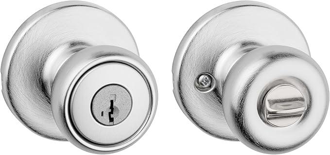 Kwikset Tylo Entry Door Knob with Lock and Key, Secure Keyed Handle Exterior Doorknob, Front Entrance and Bedroom, Satin Chrome, Pick Resistant SmartKey Rekey Security