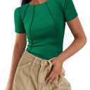 Acmplla Womens Short Sleeve Tops Ribbed Crewneck Slim Fit T Shirts for Women 2025 Summer Business Casual Basic Tee Top Green XL