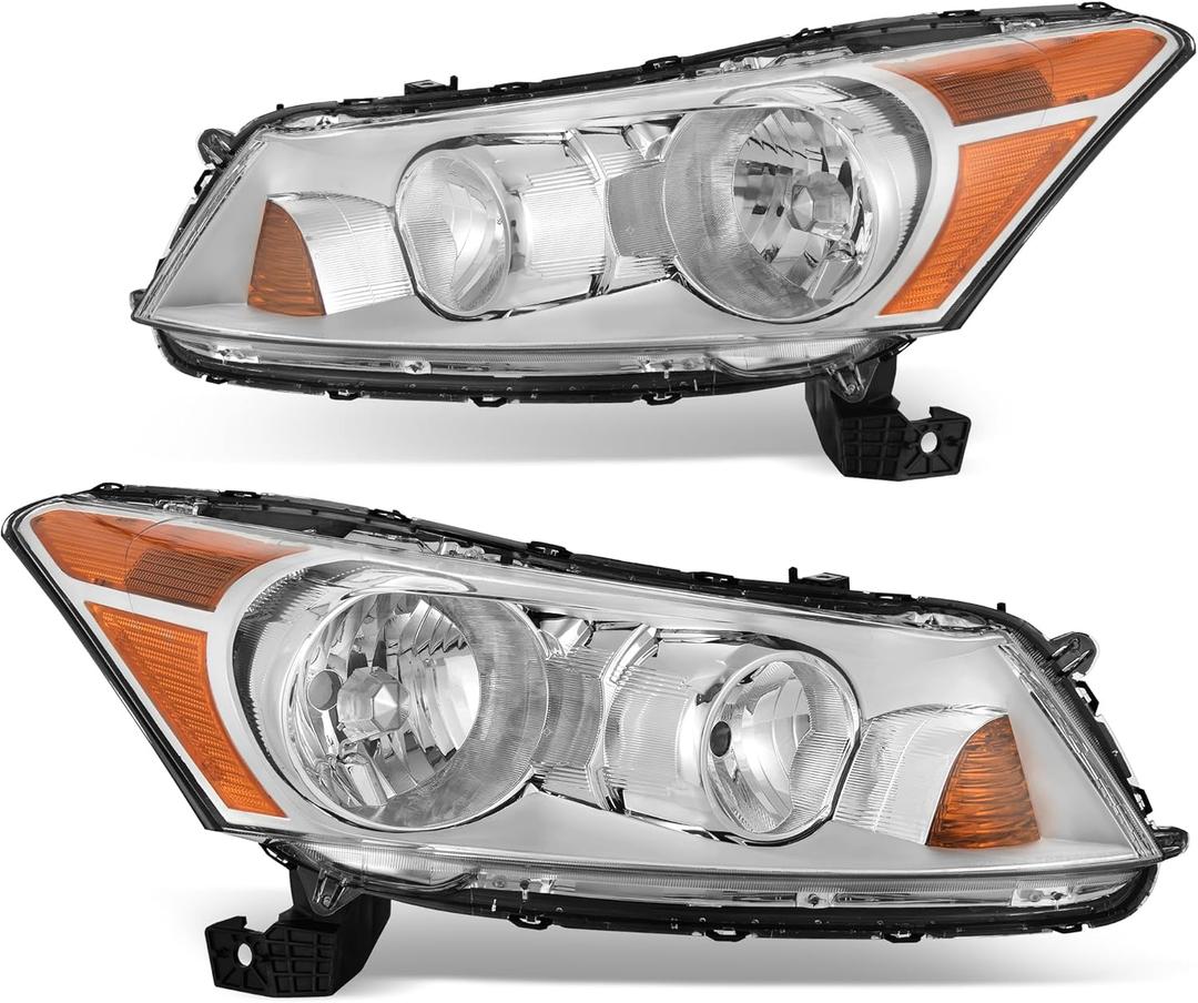DWVO Headlight Assembly Compatible with 2008-2012 Accord 4-Door Sedan Chrome Housing Amber Reflector Headlamp for Driver and Passenger Side