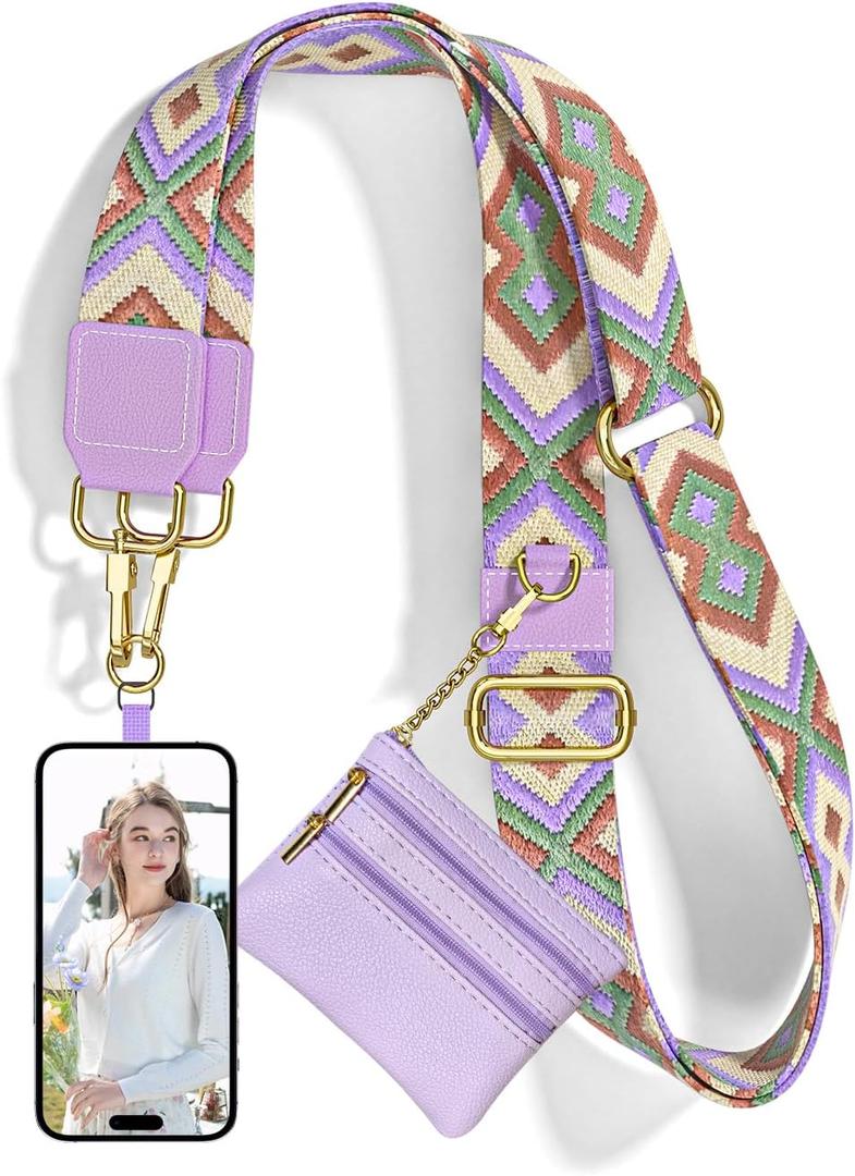 Nipichsha Crossbody Phone Strap with Wallet, Clip and Go Strap for Phone with Wallet, Adjustable Crossbody Cell Belt with Zippered Pouch, Neck Shoulder Cell Lanyard for Women, Purple Geometry