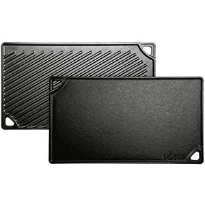 Lodge Reversible Cast Iron Grill/Griddle – 9.5 x 16.75 Inch Pre-Seasoned Cooking Surface – Flat & Ribbed Sides – Use on Stove, Grill, or Campfire – Made in the USA – Heavy-Duty, Black