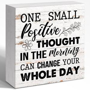 Inspirational Wood Box Sign Shelves Decor, One Small Positive Thought Can Change Your Whole Day Wood Block Sign Wall Decorate, Motivational Decoration For Home Office Desk Shelf