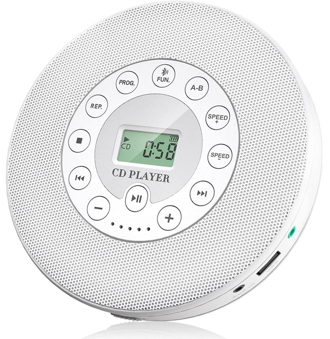 Lukasa Portable Bluetooth CD Player Built-in Speaker Stereo, Personal Walkman MP3 Players Rechargeable Compact Car Disc CD Music Player USB Play Anti-Shock Protection (White)