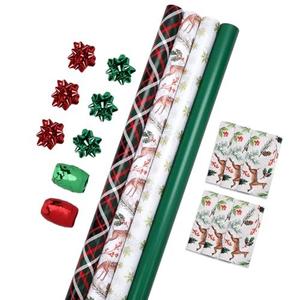 LaRibbons Christmas Wrapping Paper Set, Reindeer & Snowflake Design with Gift Bow & Ribbons & Tags, Perfect for Holiday, Party, Xmas Celebration,30 Inch X 10 Feet (4Rolls, 100 sq.ft.ttl.)