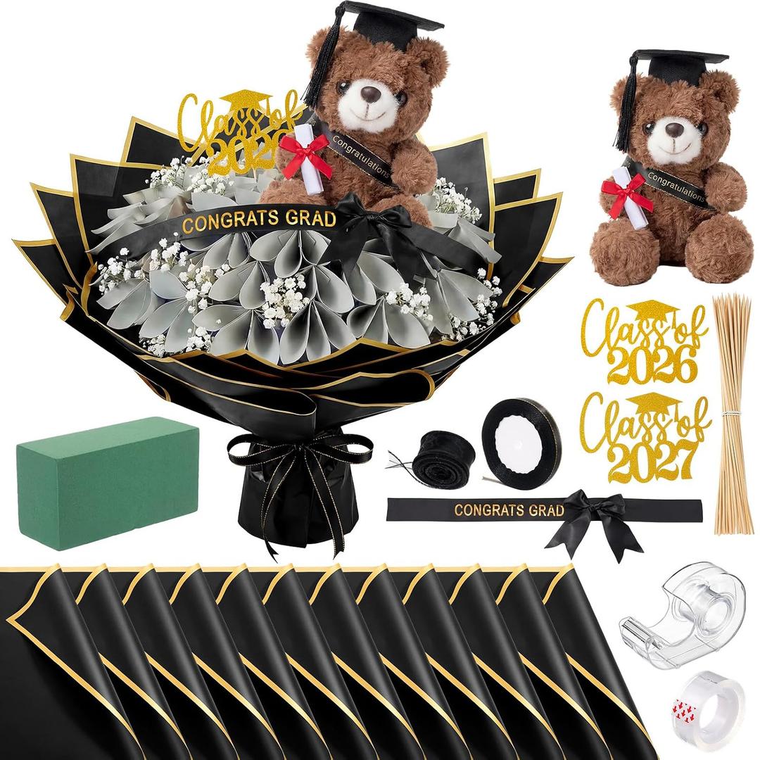 Hollowfly 80 Pcs Graduation Money Bouquet Wrapping Accessories Kit, 20 Flower Wrapping Paper 50 Sticks 2 Card Inserts 1 Bear 3 Ribbons DIY Crafts for Graduation Birthday Mother's Day(Bear 1,Black)