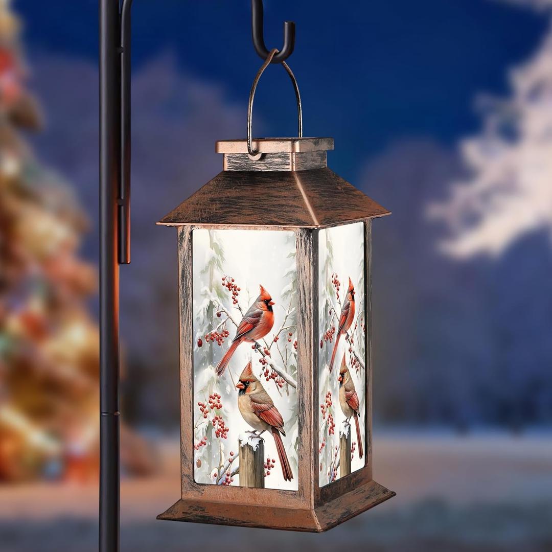 Solar Lanterns with Cardinal Theme Outdoor Waterproof Decorative Lights for Garden Birthday Gifts for Women, Mom, and Grandma Solar LED Hanging Lights for Yard, Patio, Lawn, and Porch(Snow Scene)