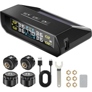 Solar RV TPMS Tire Pressure Monitoring System 4 External Sensors + Solar & USB Dual Power, 0-9.9BAR/0-144 PSI, Color LCD Monitor, 6 Alram Modes, Real-Time TP for RV/Trailer/Truck