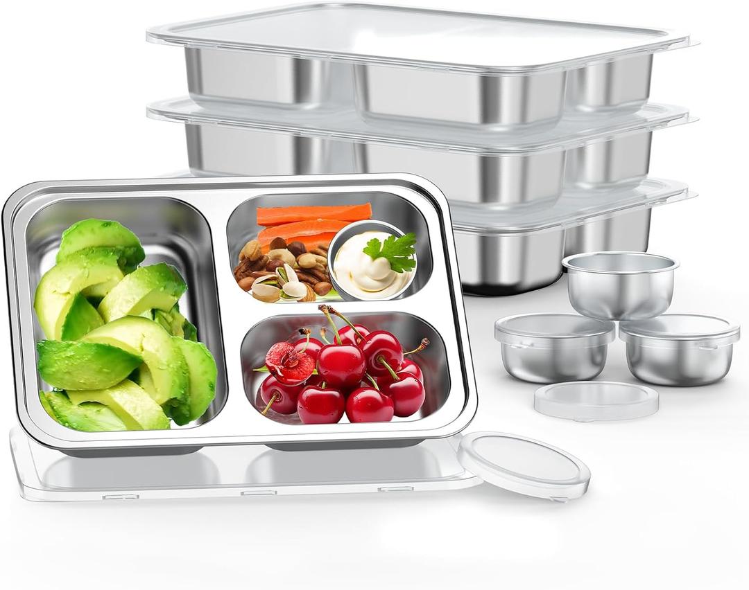 Bakpoco Stainless Steel Divided Plate for Kids Toddler, Non Toxic Portion Control Plate Dinner Plate with Lid for Adults Weight Loss, 4 Pack 3 Sections Rectangular Snack Plate Tray