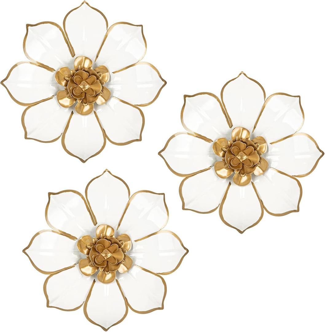 Metal Flowers Wall Decor White and Gold Wall Art Decorations Hanging 3 Pc Rustic Modern Floral Sculpture Wall Accent Artwork Indoor Outdoor for Bathroom Kitchen Bedroom Living Room Patio Porch 10 Inch