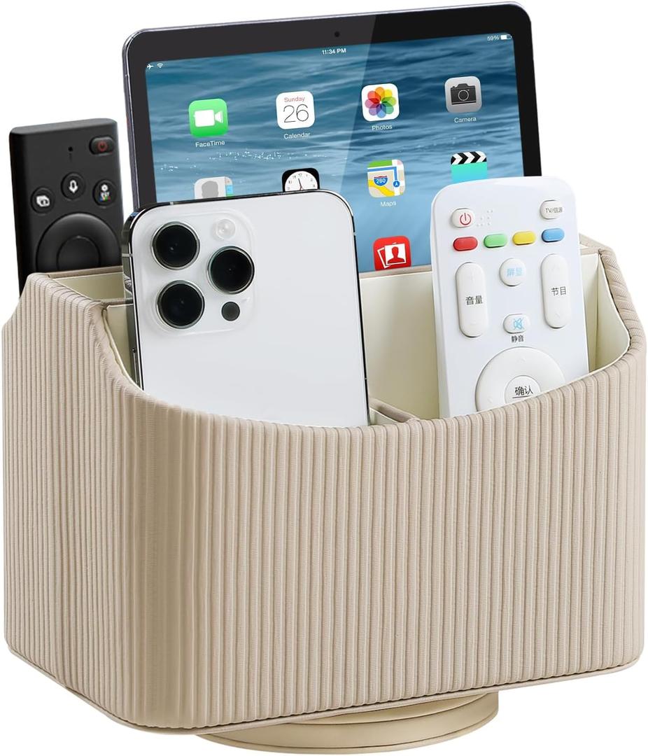 PU Leather Remote Control Holder, 360 Degree Rotating Desk Organizer Storage Table Remote Caddy, Spinning Bedside Organizer Nightstand Organizer for Desktop Office Home (Beige)